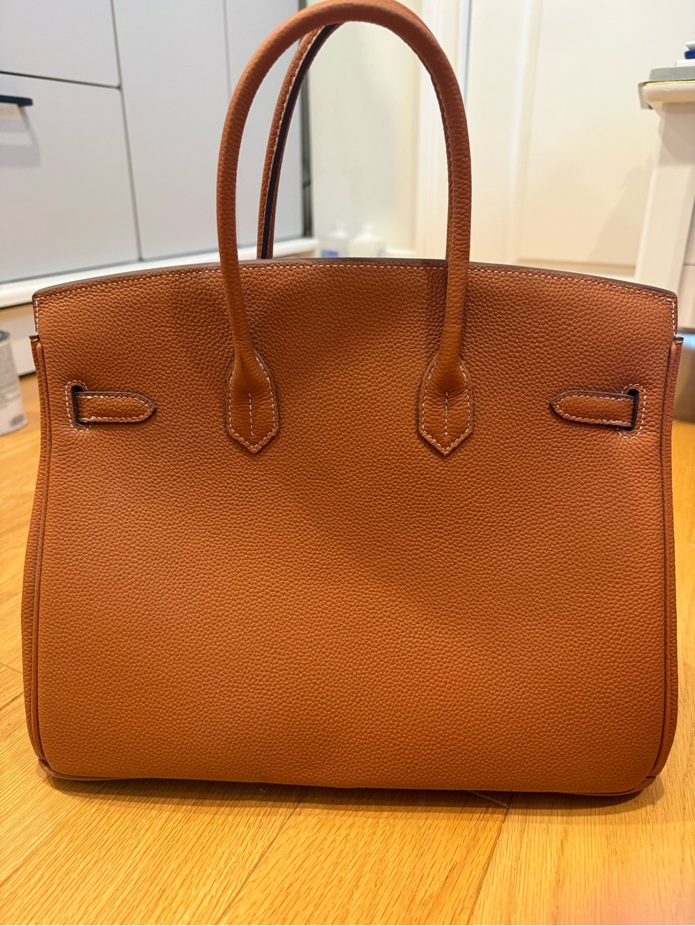 Cognac Brown Genuine Leather Structured Top Handle Tote Bag - Picture 5 of 13
